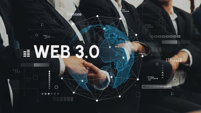 Professional business team collaborating on Web 3.0 development with digital overlay of global connectivity and technology concepts. Entropy.