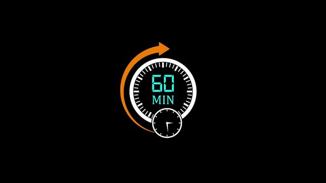 60 minute timer countdown animation with rotating arrow and digital clock for time management and productivity projects