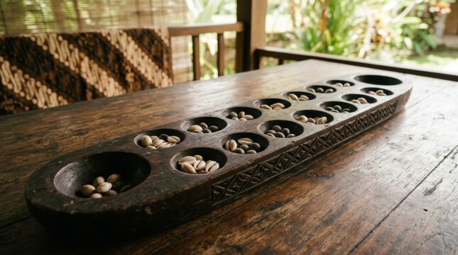 A traditional Indonesian dakon congklak board crafted from dark wood with intricate carvings sits on a rustic table, highlighting the cultural heritage of this classic strategy board game piece.