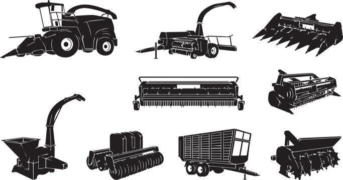 Set of black silhouettes of agricultural machinery, including forage harvesters, combine headers, trailers, and farm equipment