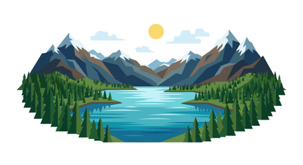 Flat Vector Illustration of Majestic Mountain Lake and Pine Forest Scenery © Surya
