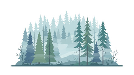 Flat Vector Illustration of Misty Pine Forest Landscape © Surya