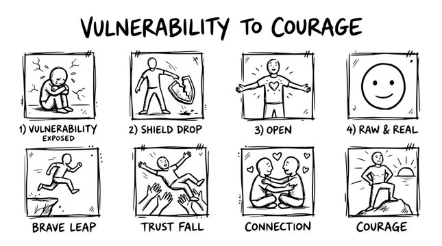 Hand drawn vulnerability courage icons shield drop open raw real brave leap trust fall, black ink sketch vector illustration