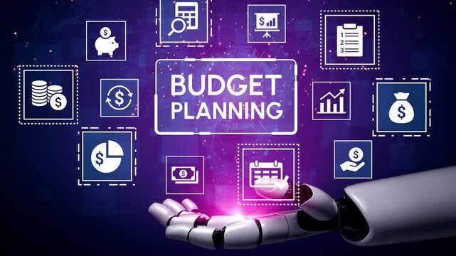 Futuristic Concept of Budget Planning with Robotic Hand Interacting with Financial Icons on Digital Interface. Entropy.