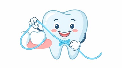 Obraz premium Cute Cartoon Tooth Character Flossing Teeth.