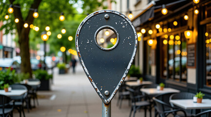 Plakat Street marker pin points to outdoor cafe with string lights. Worn sign indicates urban location with nearby shops and restaurants. Destination marker shows city life.
