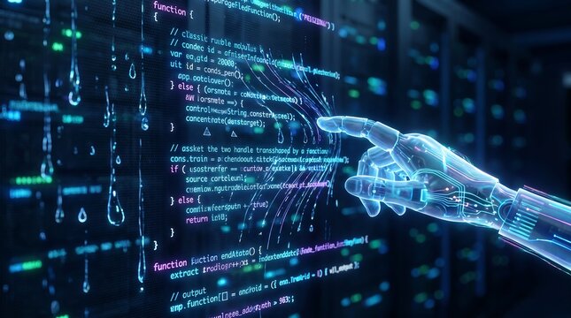 Futuristic digital interface with AI hand interacting with code, representing artificial intelligence and technology advancement