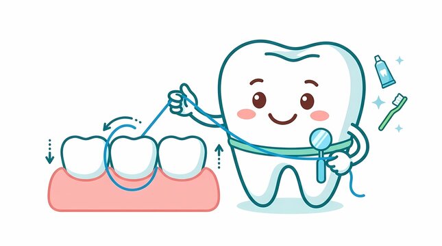 Cute cartoon tooth character flossing teeth instruction illustration.
