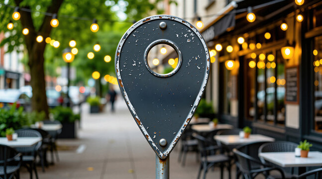Street marker pin points to outdoor cafe with string lights. Worn sign indicates urban location with nearby shops and restaurants. Destination marker shows city life.
