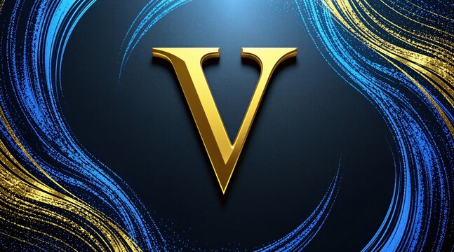 Golden Upsilon letter of Greek alphabet isolated on dark background. Shiny metallic symbol with abstract blue, yellow glowing light swirls around. Elegant 3D typography design element for scientific