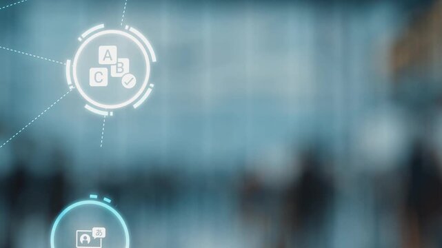 Translation icons show international languages, interpretation, and communication. Translation helps global business, translation supports learning, and translation improves cultural exchange. Gist