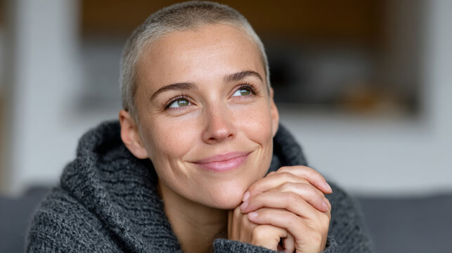 Smiling caucasian young adult female with short hair in cozy sweater