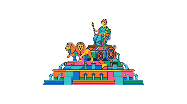 Colorful vector illustration of a mythological goddess on lion chariot fountain