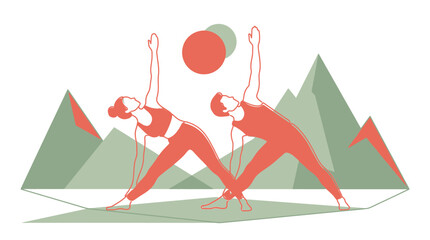 Fototapeta premium Couple Doing Yoga Triangle Pose in Minimalist Mountain Landscape Illustration 