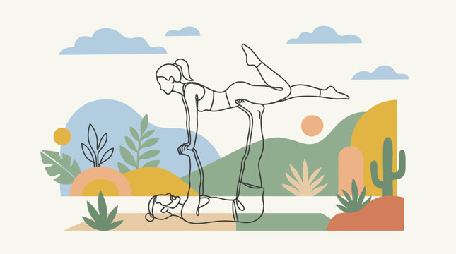 Acroyoga Continuous Line Art Illustration of Couple in Abstract Nature Landscape
