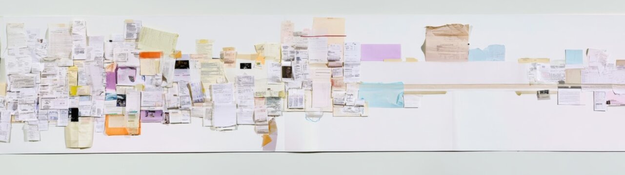 An ultra-wide photograph of a complex, chronological paper timeline of thirty overlapping paper items (notes, receipts, photos, etc.) in varied colors and conditions, all attached to a seamless white