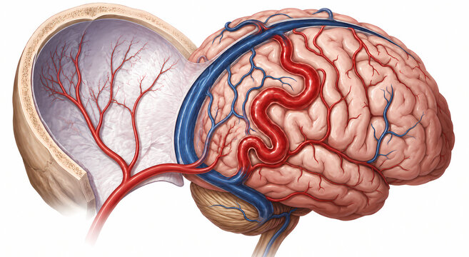 Anatomical medical illustration showing human brain structure with cross section of skull and prominent blood vessels