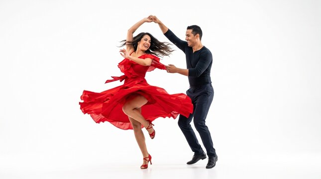 Couple dancing salsa in red dress and black outfit on white background