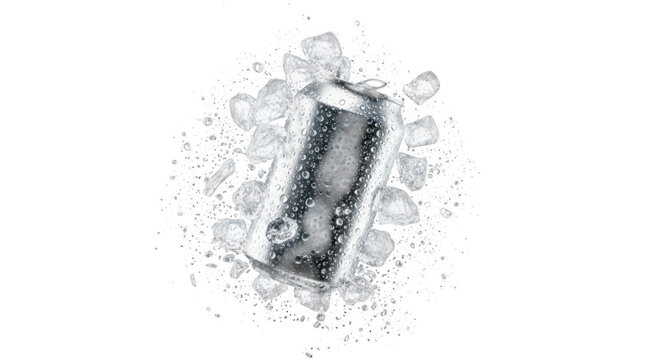 Aluminum soda can with water droplets surrounded by ice cubes isolated on transparent background