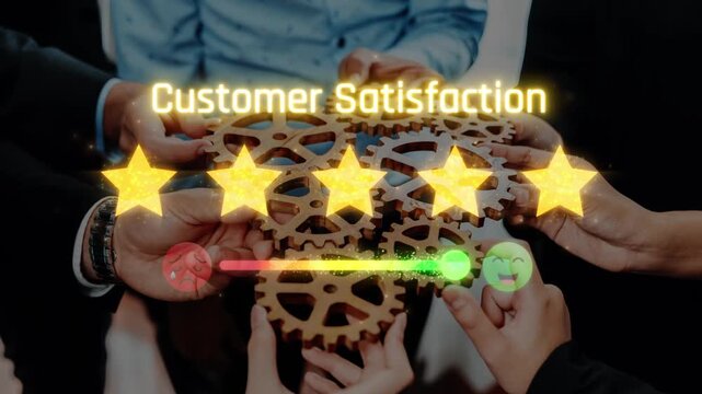 A vibrant representation of teamwork demonstrating customer satisfaction with hands joining gears and star ratings, highlighting positive feedback and engagement in business. Raster