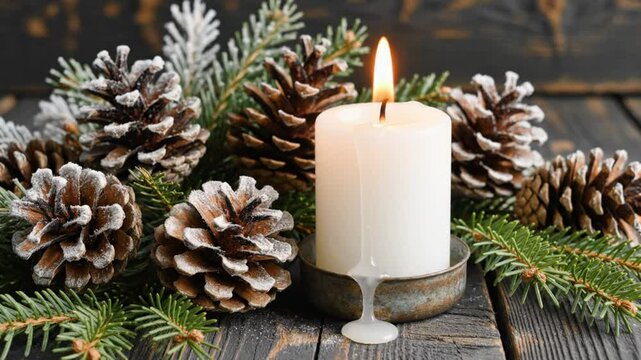 Cozy holiday scene with a lit candle, pine cones, and evergreen branches creating a warm atmosphere.