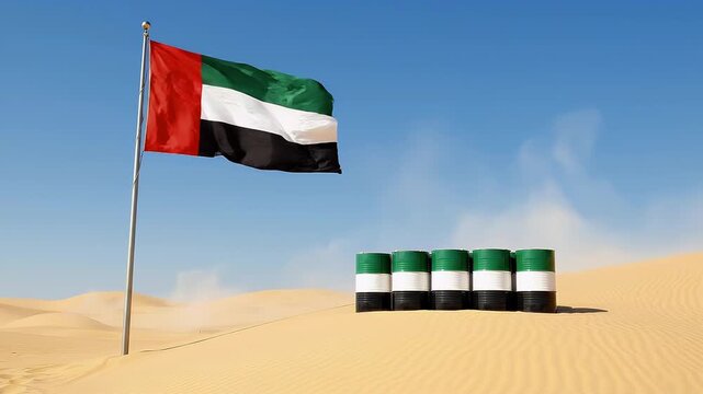 UAE flag fluttering on a pole in the desert sand with a row of oil drums symbolizing Middle Eastern energy resources and petroleum trade.