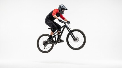 Fototapeta premium Mountain biker in full gear performs a jump on a black bicycle against a clean white background