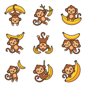 Cute cartoon monkeys playing with bananas.
