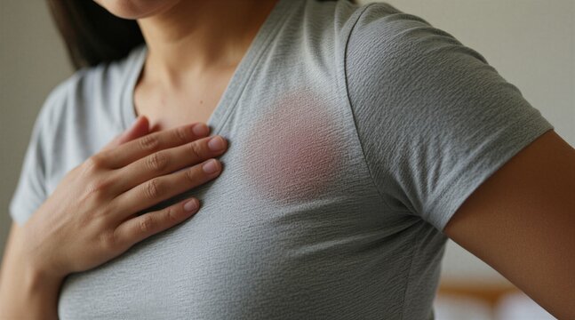 Woman shows wet spot on gray t-shirt underarm. Excessive body sweating problem. Fabric moisture visible due to perspiration. Female concern about body odor.