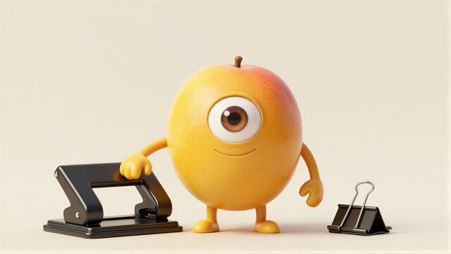 One-eyed mango character smiles beside a paper punch and binder clip.