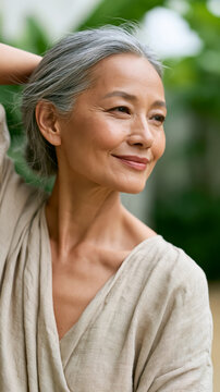 Smiling mature asian woman outdoors in natural setting