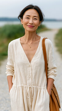 Asian mature female smiling outdoors in beige dress