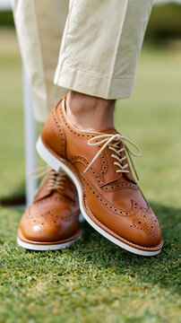 Stylish brown leather brogue shoes on grass wearing beige pants outdoors