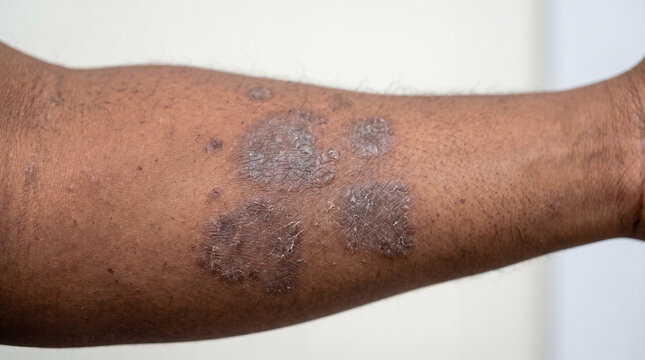 Close up of chronic skin disease with dry scaly plaques and hyperpigmented eczema patches on dark skin forearm