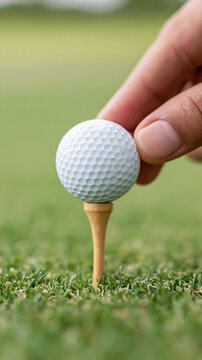 Close-up of hand placing golf ball on tee in green grass landscape