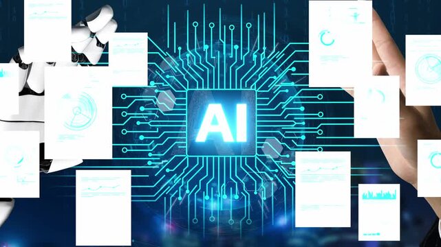 Futuristic Representation of Artificial Intelligence with Robotic Hand and Data Visualization Elements Surrounding Central AI Logo. Entropy.