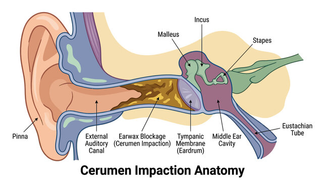 Human Ear Anatomy with Cerumen Impaction and Middle Ear Ossicles