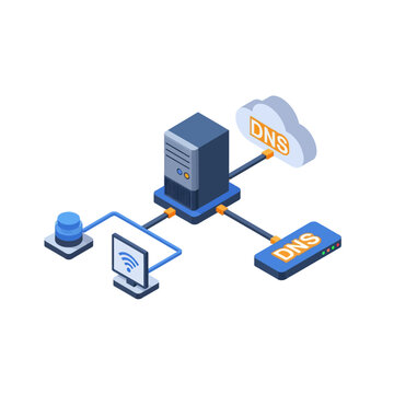 Isometric illustration of DNS server and network devices.