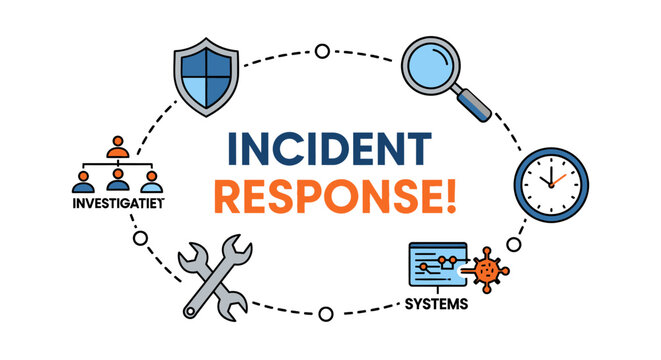 Incident response concept infographic with icons for investigation, security, tools, and systems. Vector illustration representing cybersecurity management isolated on a white background.