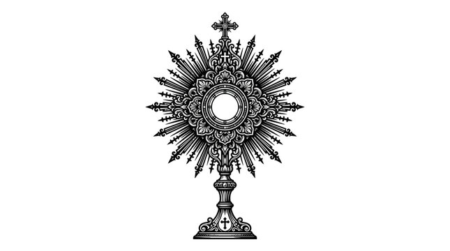 Ornate religious monstrance illustration in vintage black and white woodcut style