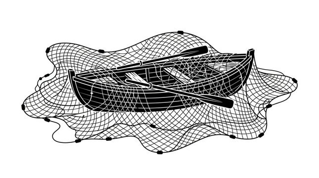 Black and white illustration of rowing boat in fishing net