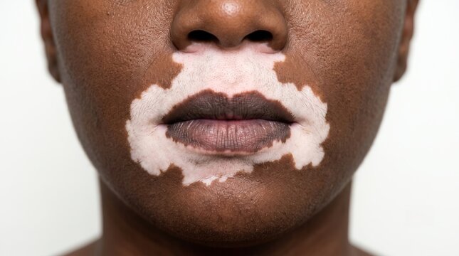 Macro portrait of black person lips affected by vitiligo depigmentation patches