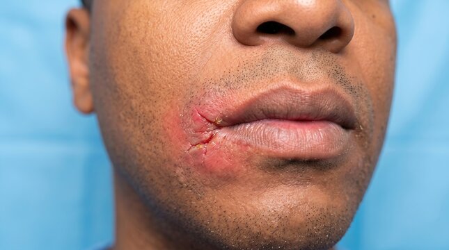Close up of ethnic man lips with a painful bleeding crack lesion from herpes labialis