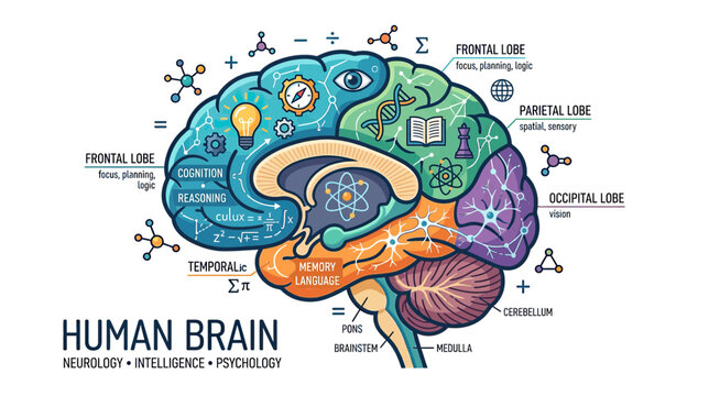 Human Brain Anatomy with Functions Illustrated, Neurology and Psychology Concept