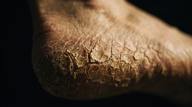 Extreme close up of severely dry cracked skin on heel showing deep epidermal fissures