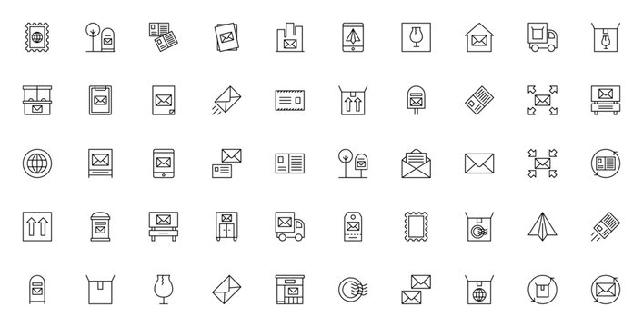 Post mail icon set. Mailbox, envelope, stamp, postcard vector pack. Minimalist line icons featuring delivery truck, package, letter, post office, fragile, tag, paper plane, email and more.