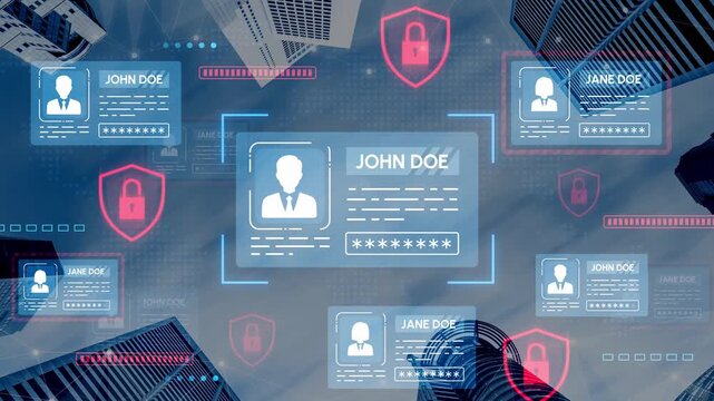 Futuristic Digital Identity Authentication Concept with User Profiles and Security Elements Above Urban Skyscrapers Under Blue Sky. Entropy.