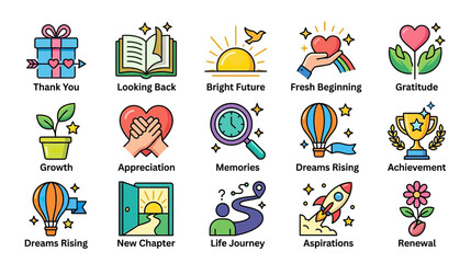 Inspirational Icons: Growth, Dreams, Achievement, New Chapter, Life Journey © gedang