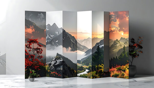 Digital art display showing pixelated mountain landscapes at different times of day and seasons, rendered as vertical panels, atmospheric outdoor scenes