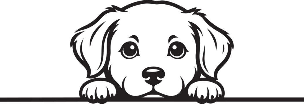 Cute puppy dog head with floppy ears peeking over a horizontal line in a clean minimalist black and white style